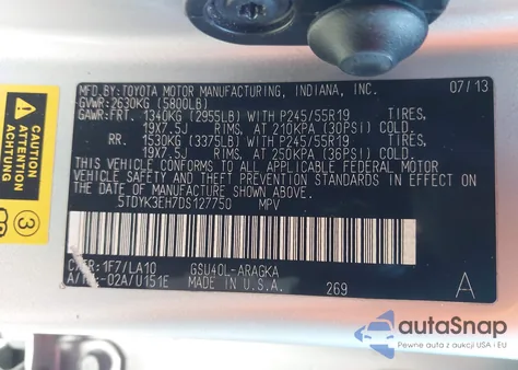 2013 Toyota Highlander Limited V6 z USA, uszkodzony, nr VIN 5TDYK3EH7DS127750